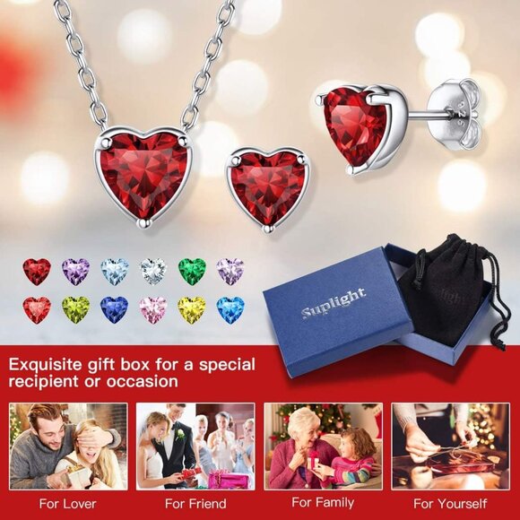Suplight Dainty 925 Sterling Silver Birthstone Heart Crystal Necklace/Stud Earri - Picture 7 of 7
